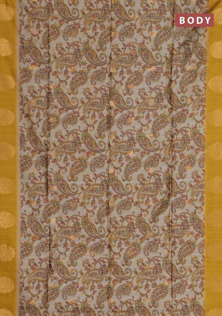 Bhagalpuri Tussar Saree Beige And Mustard Yellow With Allover Kalamkari Prints Zari Buttas And Zari Woven Butta Border With Printed Design For Women - Indya