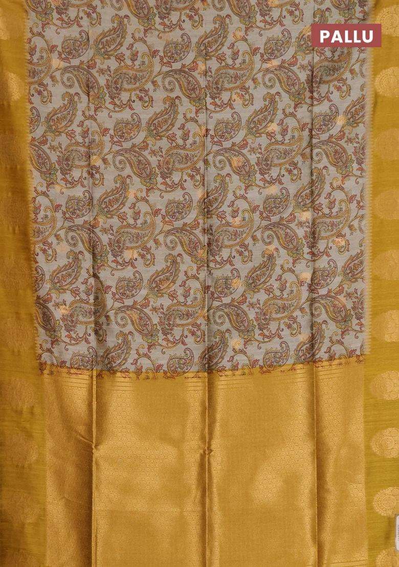 Bhagalpuri Tussar Saree Beige And Mustard Yellow With Allover Kalamkari Prints Zari Buttas And Zari Woven Butta Border With Printed Design For Women - Indya