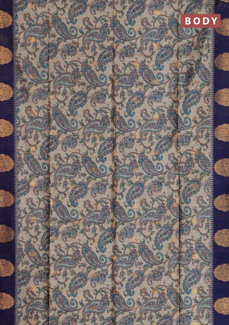 Bhagalpuri Tussar Saree Beige And Navy Blue With Allover Kalamkari Prints Zari Buttas And Zari Woven Butta Border With Printed Design For Women - Indya