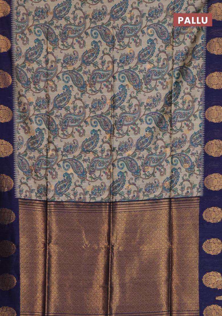 Bhagalpuri Tussar Saree Beige And Navy Blue With Allover Kalamkari Prints Zari Buttas And Zari Woven Butta Border With Printed Design For Women - Indya