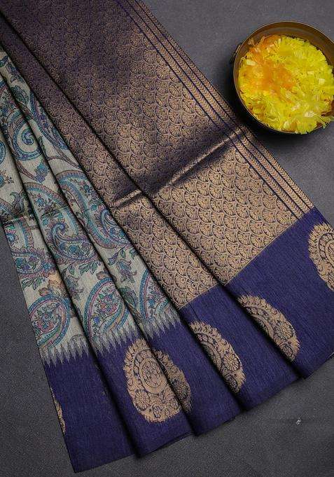 Bhagalpuri Tussar Saree Beige And Navy Blue With Allover Kalamkari Prints Zari Buttas And Zari Woven Butta Border With Printed Design For Women