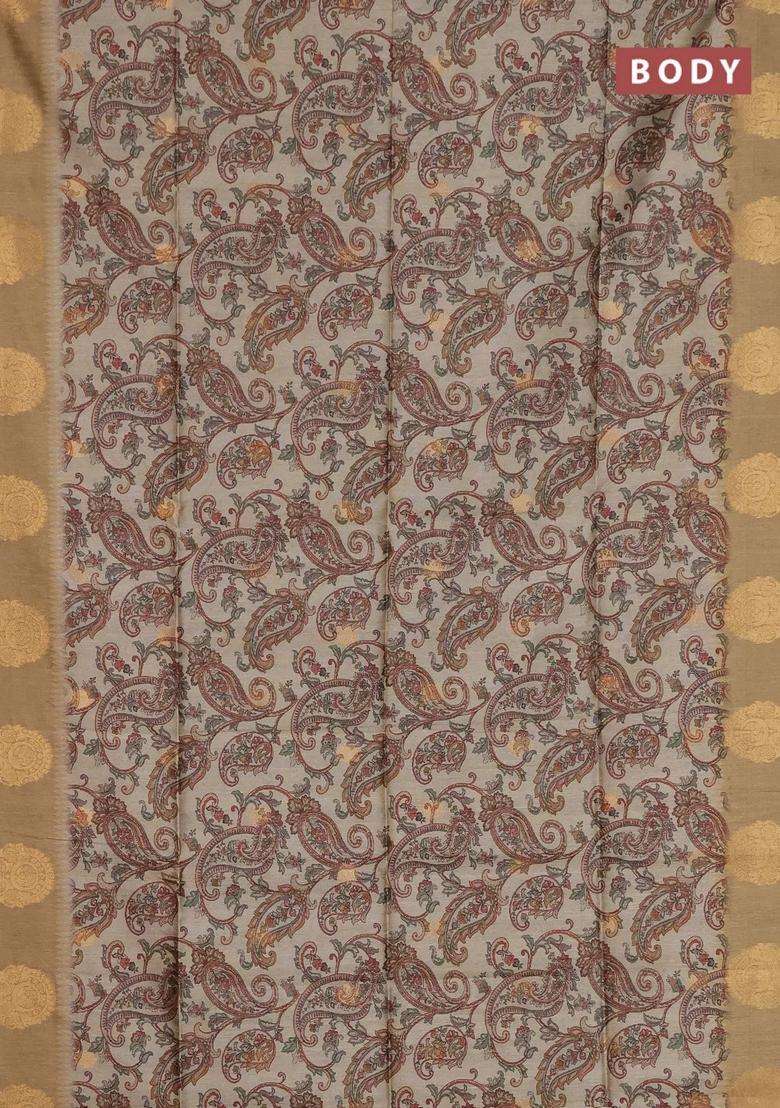 Bhagalpuri Tussar Saree Beige And Dark Beige With Allover Kalamkari Prints Zari Buttas And Zari Woven Butta Border With Printed Design For Women - Indya