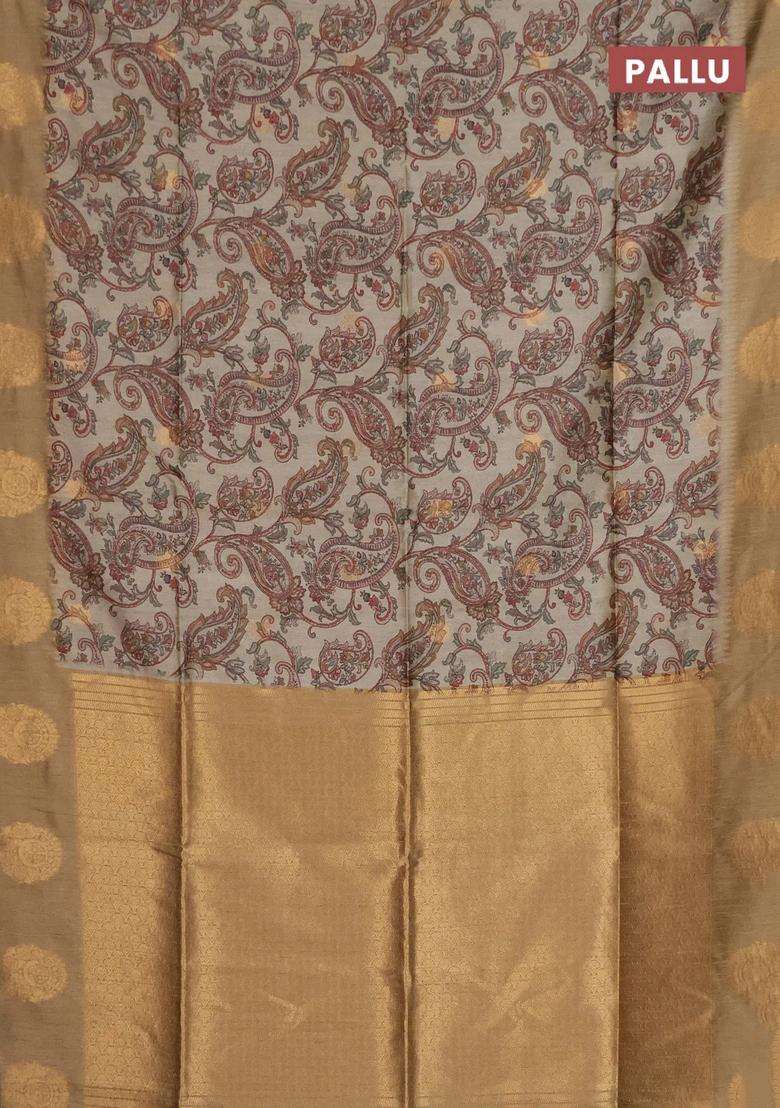Bhagalpuri Tussar Saree Beige And Dark Beige With Allover Kalamkari Prints Zari Buttas And Zari Woven Butta Border With Printed Design For Women - Indya