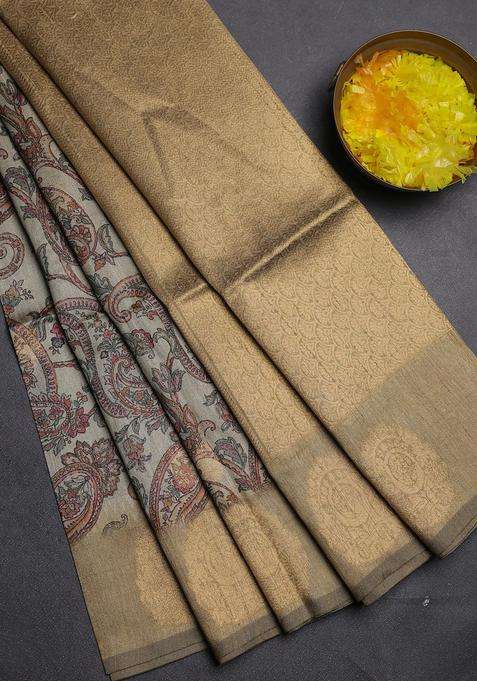 Bhagalpuri Tussar Saree Beige And Dark Beige With Allover Kalamkari Prints Zari Buttas And Zari Woven Butta Border With Printed Design For Women