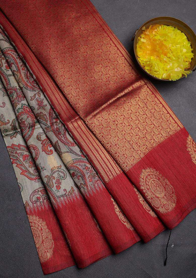 Bhagalpuri Tussar Saree Beige And Maroon With Allover Kalamkari Prints Zari Buttas And Zari Woven Butta Border With Printed Design For Women - Indya