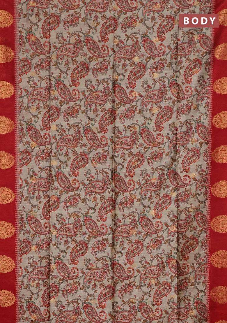 Bhagalpuri Tussar Saree Beige And Maroon With Allover Kalamkari Prints Zari Buttas And Zari Woven Butta Border With Printed Design For Women - Indya