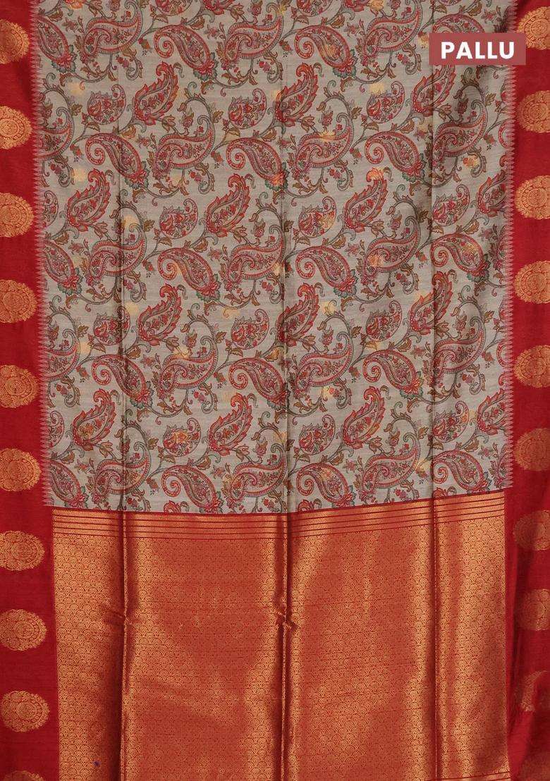 Bhagalpuri Tussar Saree Beige And Maroon With Allover Kalamkari Prints Zari Buttas And Zari Woven Butta Border With Printed Design For Women - Indya