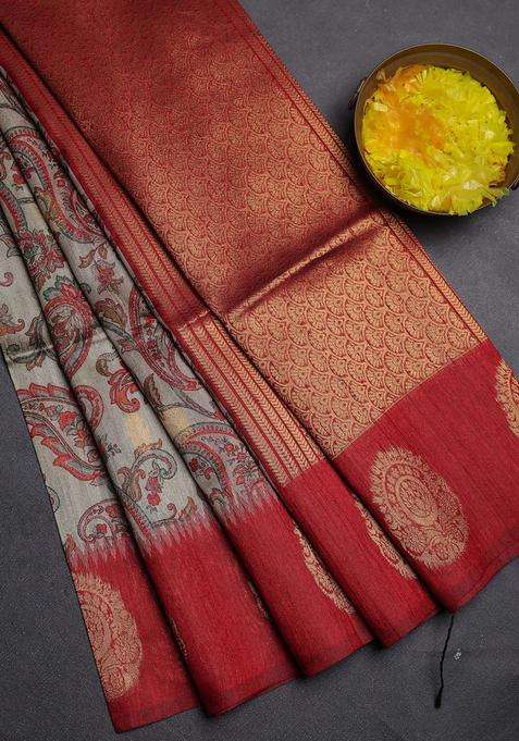 Bhagalpuri Tussar Saree Beige And Maroon With Allover Kalamkari Prints Zari Buttas And Zari Woven Butta Border With Printed Design For Women