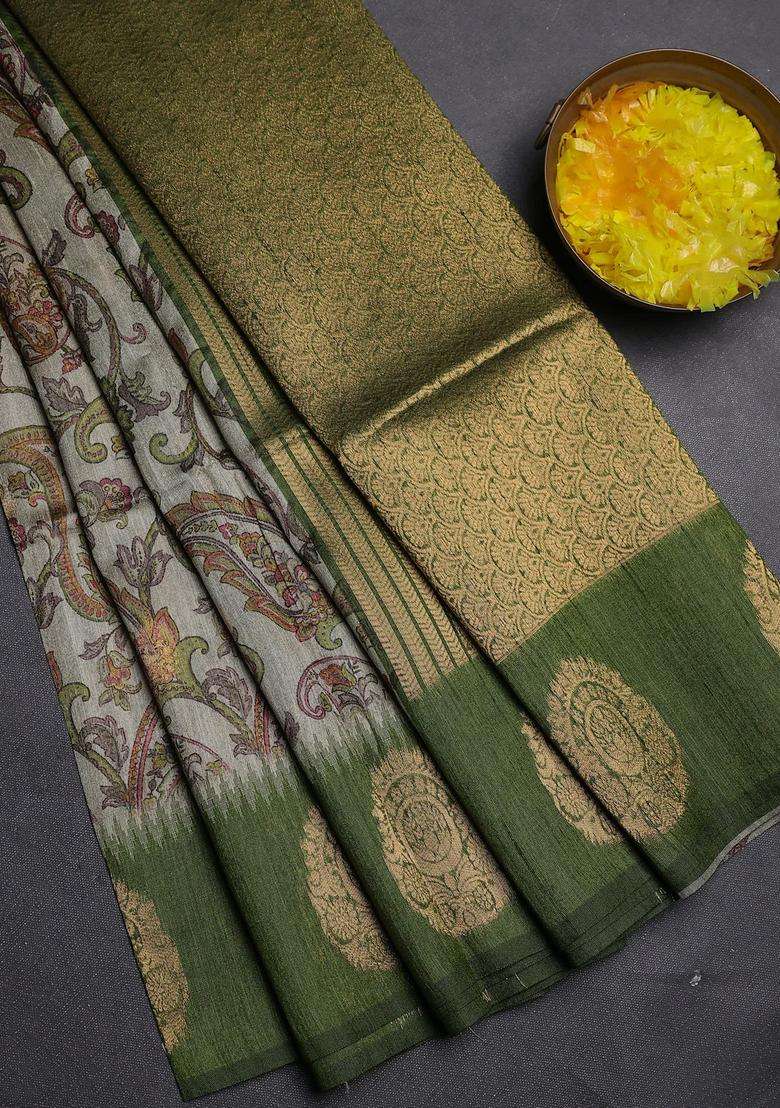 Bhagalpuri Tussar Saree Beige And Mehendi Green With Allover Kalamkari Prints Zari Buttas And Zari Woven Butta Border With Printed Design For Women - Indya