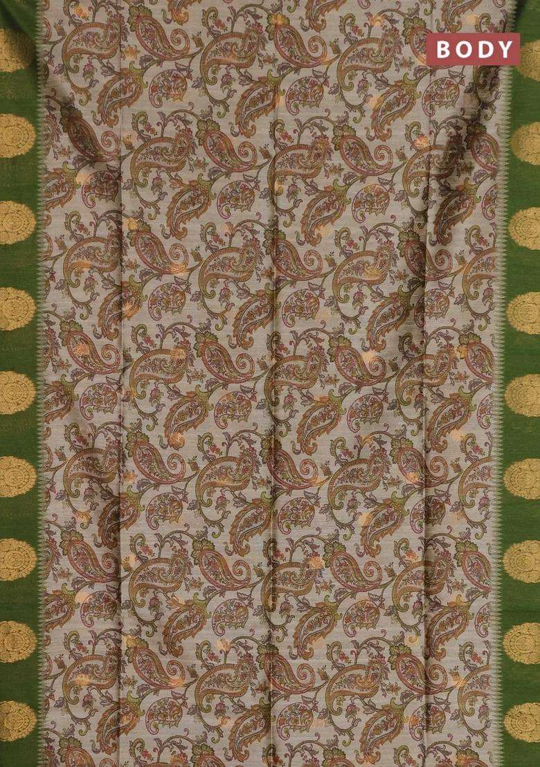 Bhagalpuri Tussar Saree Beige And Mehendi Green With Allover Kalamkari Prints Zari Buttas And Zari Woven Butta Border With Printed Design For Women - Indya