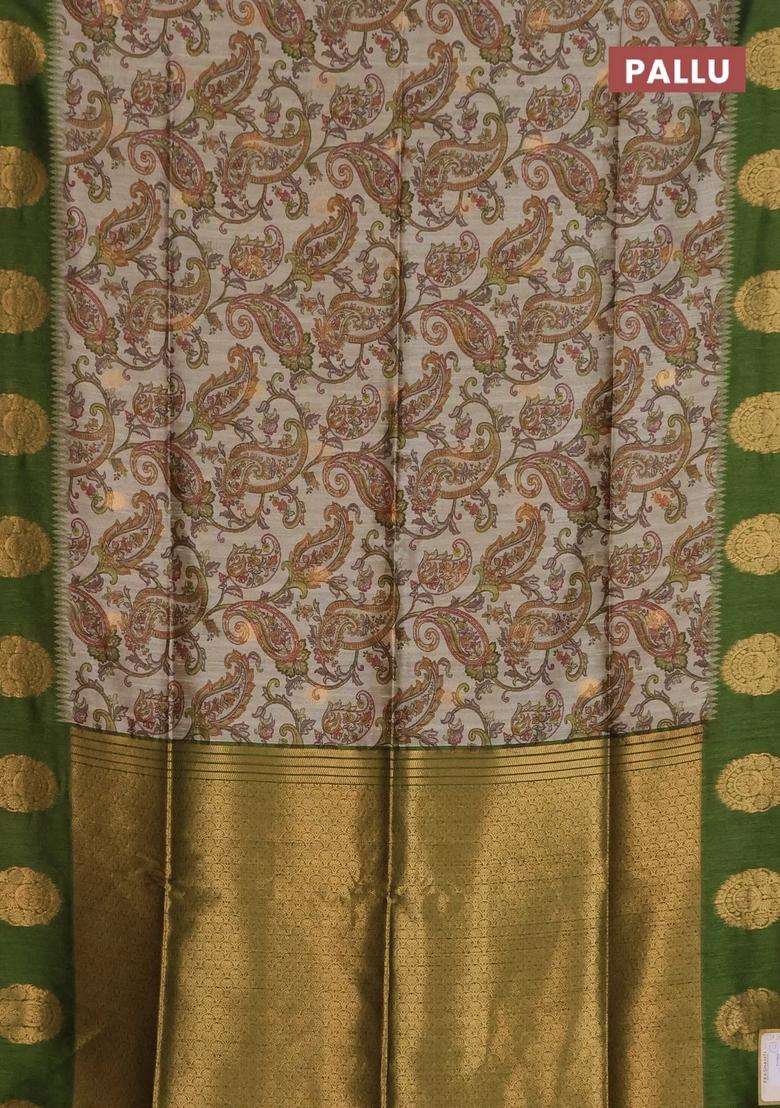 Bhagalpuri Tussar Saree Beige And Mehendi Green With Allover Kalamkari Prints Zari Buttas And Zari Woven Butta Border With Printed Design For Women - Indya