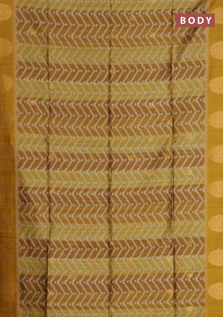Bhagalpuri Tussar Saree Dark Mustard With Allover Zigzag Ikat Prints And Zari Woven Butta Prints With Printed Design For Women - Indya