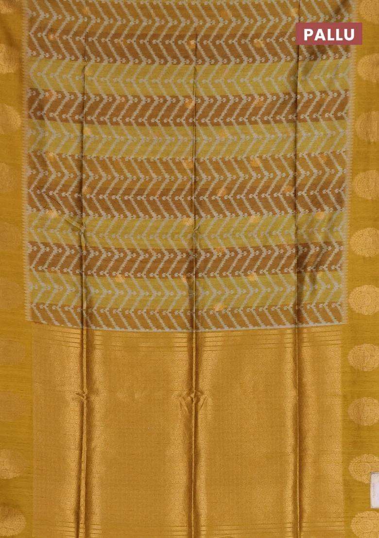 Bhagalpuri Tussar Saree Dark Mustard With Allover Zigzag Ikat Prints And Zari Woven Butta Prints With Printed Design For Women - Indya