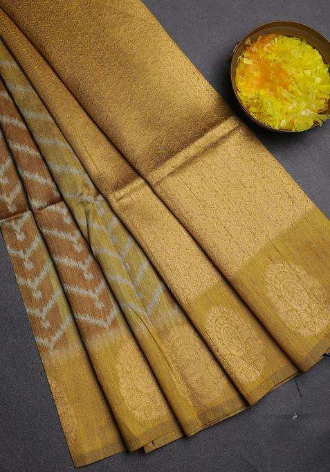 Bhagalpuri Tussar Saree Dark Mustard With Allover Zigzag Ikat Prints And Zari Woven Butta Prints With Printed Design For Women