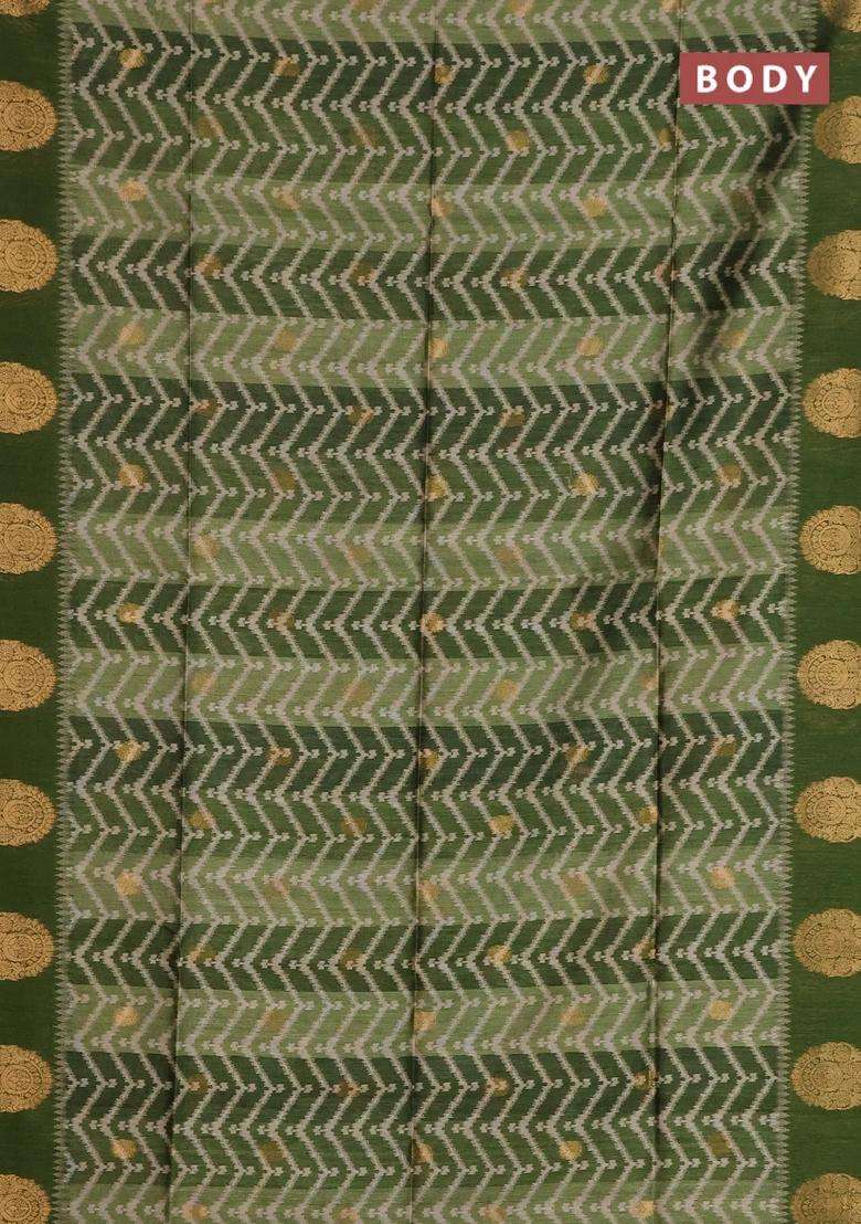Bhagalpuri Tussar Saree Mehendi Green With Allover Zigzag Ikat Prints And Zari Woven Butta Prints With Printed Design For Women - Indya