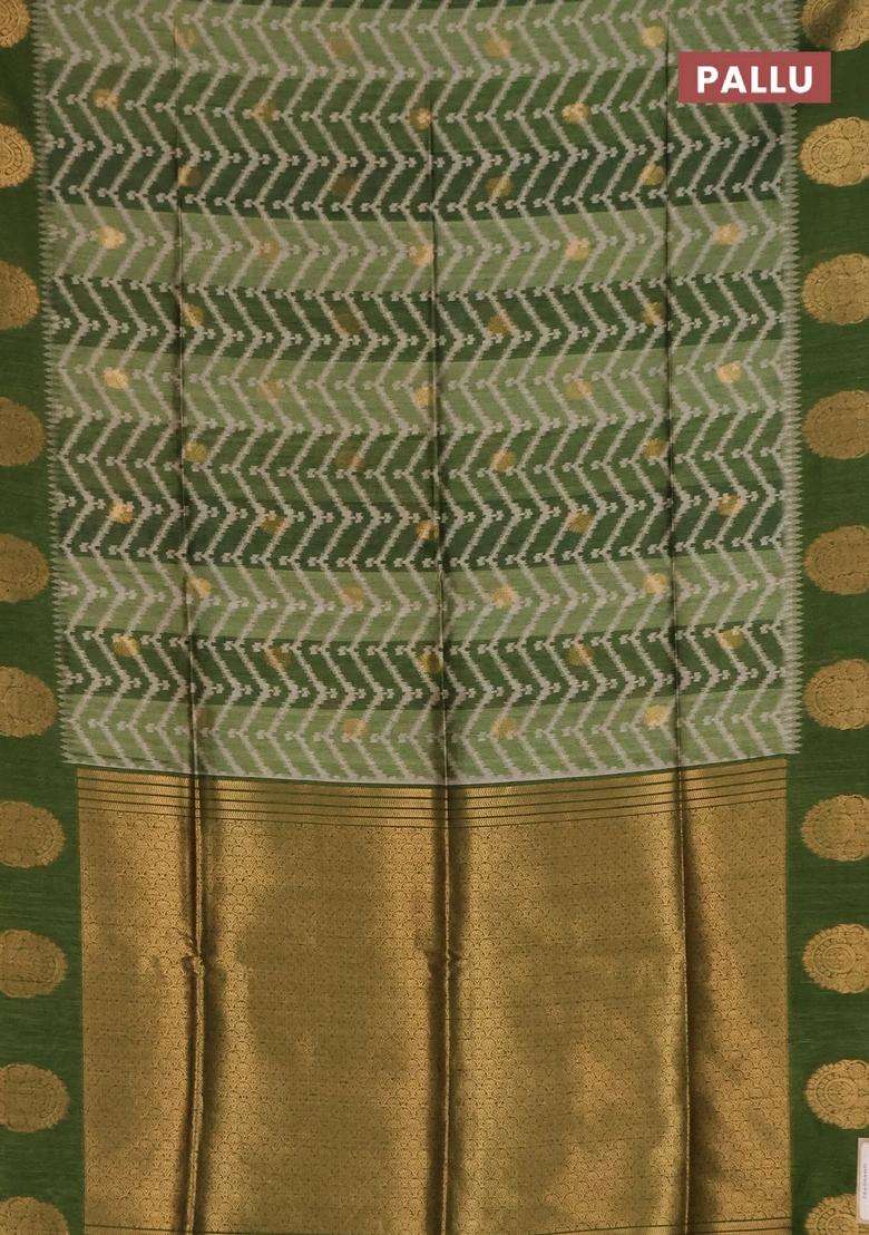 Bhagalpuri Tussar Saree Mehendi Green With Allover Zigzag Ikat Prints And Zari Woven Butta Prints With Printed Design For Women - Indya