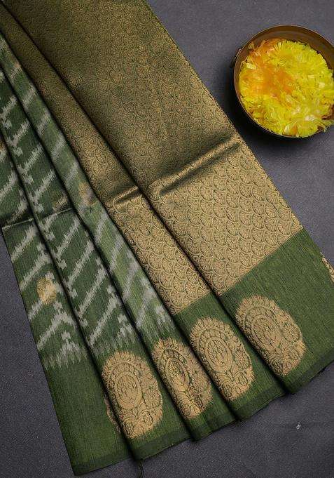 Bhagalpuri Tussar Saree Mehendi Green With Allover Zigzag Ikat Prints And Zari Woven Butta Prints With Printed Design For Women