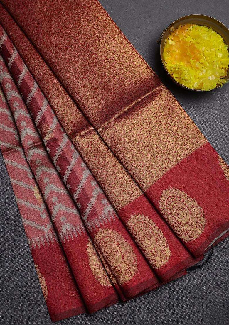Bhagalpuri Tussar Saree Maroon With Allover Zigzag Ikat Prints And Zari Woven Butta Prints With Printed Design For Women - Indya