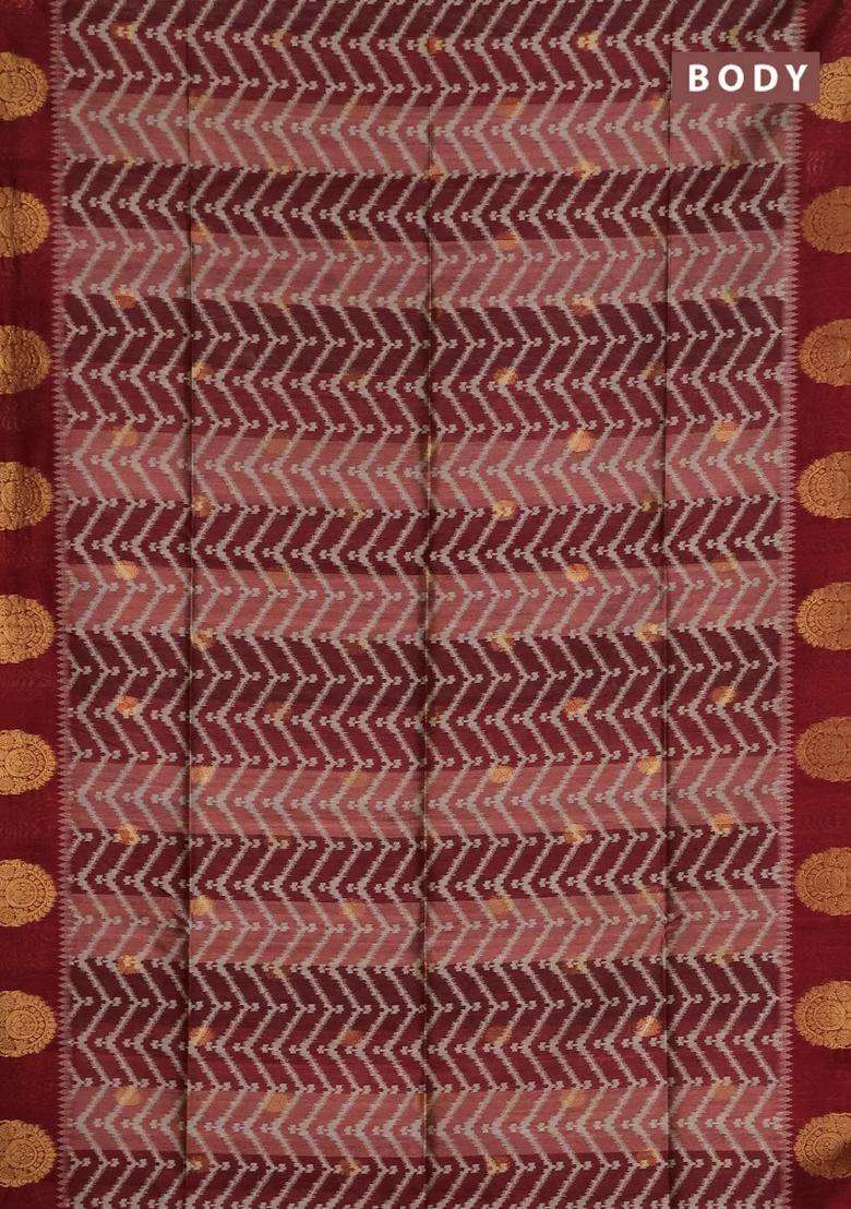 Bhagalpuri Tussar Saree Maroon With Allover Zigzag Ikat Prints And Zari Woven Butta Prints With Printed Design For Women - Indya