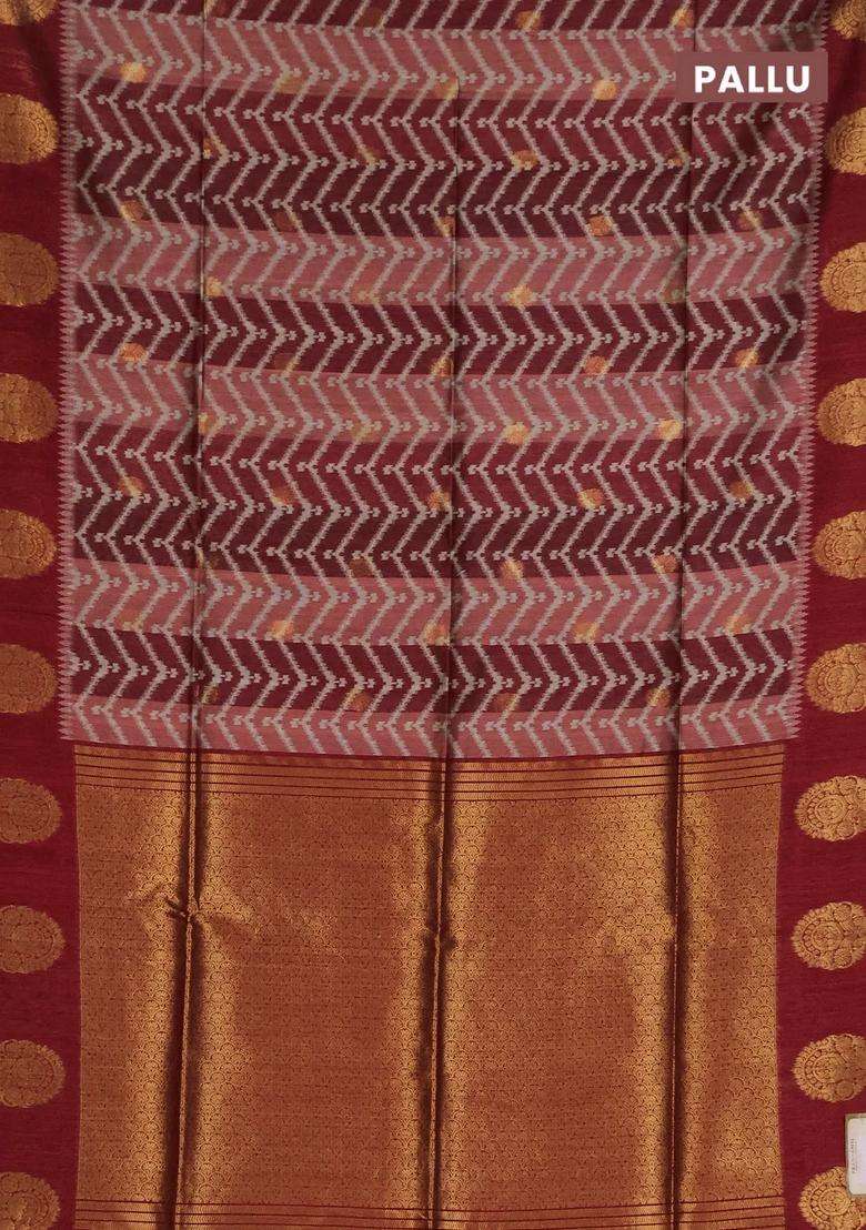 Bhagalpuri Tussar Saree Maroon With Allover Zigzag Ikat Prints And Zari Woven Butta Prints With Printed Design For Women - Indya