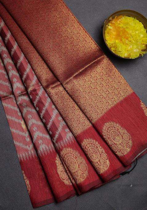 Bhagalpuri Tussar Saree Maroon With Allover Zigzag Ikat Prints And Zari Woven Butta Prints With Printed Design For Women