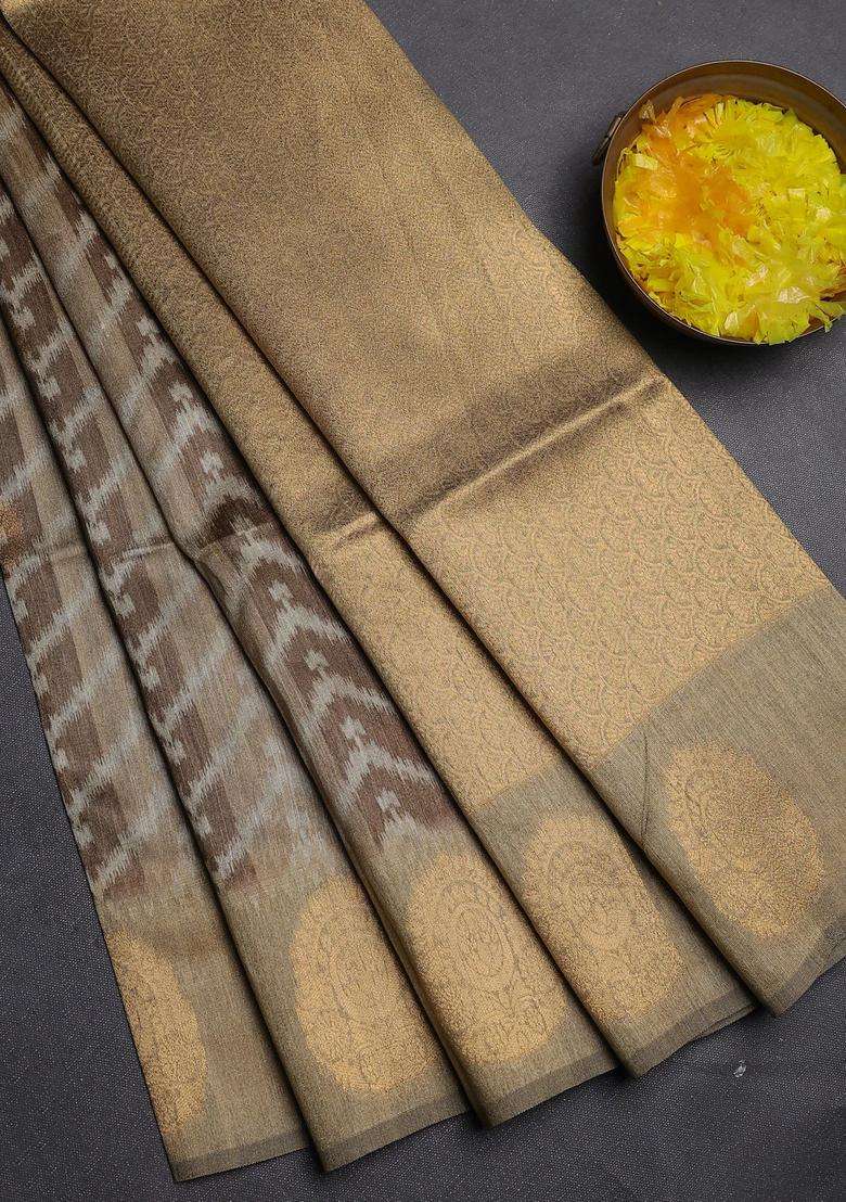 Bhagalpuri Tussar Saree Dark Beige With Allover Zigzag Ikat Prints And Zari Woven Butta Prints With Printed Design For Women - Indya