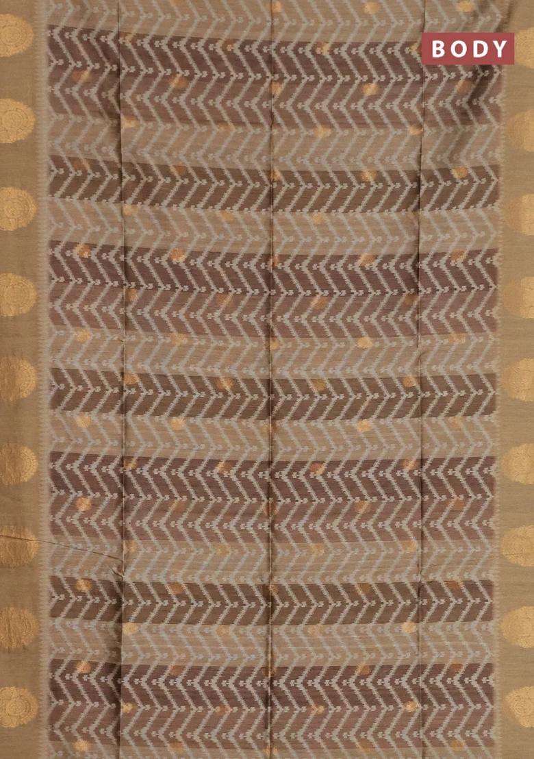 Bhagalpuri Tussar Saree Dark Beige With Allover Zigzag Ikat Prints And Zari Woven Butta Prints With Printed Design For Women - Indya