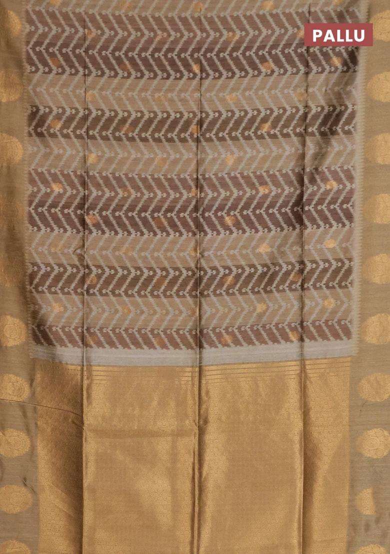Bhagalpuri Tussar Saree Dark Beige With Allover Zigzag Ikat Prints And Zari Woven Butta Prints With Printed Design For Women - Indya