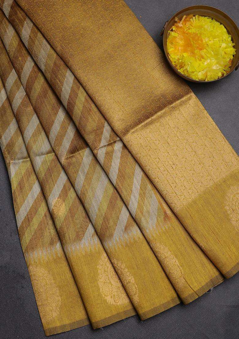Bhagalpuri Tussar Saree Mustard Yellow With Allover Leheriya Prints Zari Buttas And Zari Woven Butta Prints With Printed Design For Women - Indya