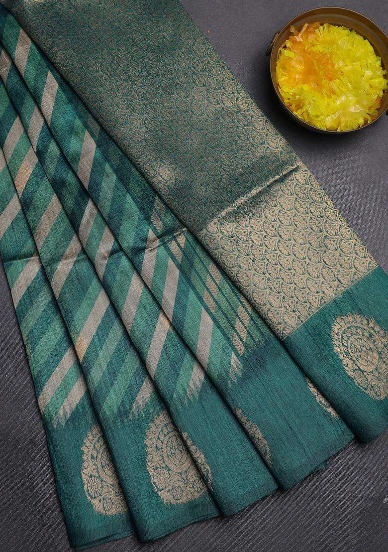 Bhagalpuri Tussar Saree Peacock Green With Allover Leheriya Prints Zari Buttas And Zari Woven Butta Prints With Printed Design For Women - Indya