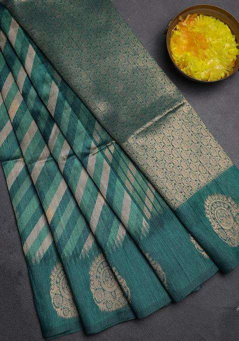 Bhagalpuri Tussar Saree Peacock Green With Allover Leheriya Prints Zari Buttas And Zari Woven Butta Prints With Printed Design For Women