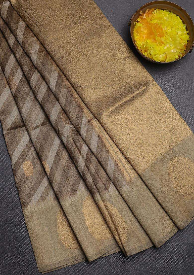 Bhagalpuri Tussar Saree Dark Beige With Allover Leheriya Prints Zari Buttas And Zari Woven Butta Prints With Printed Design For Women - Indya