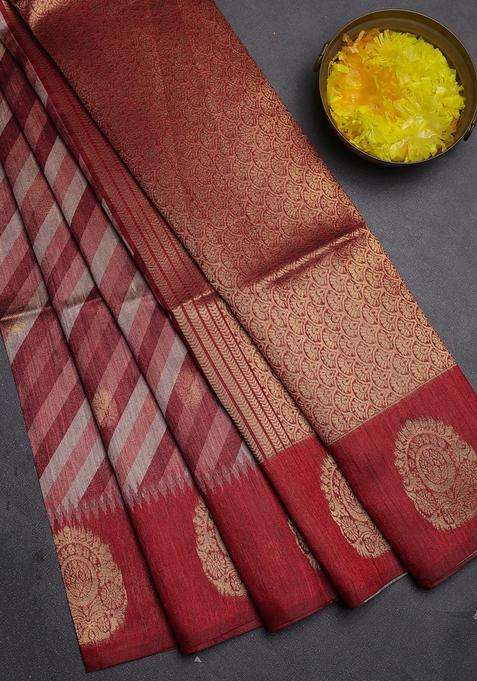 Bhagalpuri Tussar Saree Maroon With Allover Leheriya Prints Zari Buttas And Zari Woven Butta Prints With Printed Design For Women