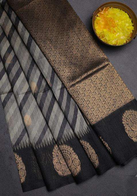 Bhagalpuri Tussar Saree Black With Allover Leheriya Prints Zari Buttas And Zari Woven Butta Prints With Printed Design For Women