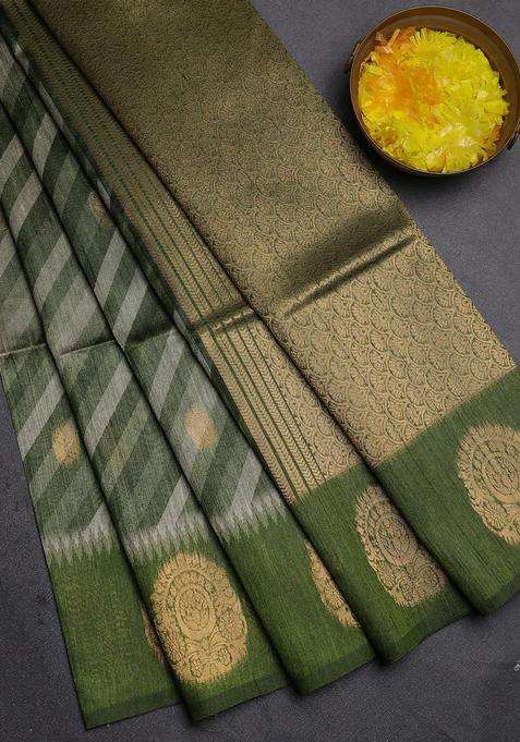 Bhagalpuri Tussar Saree Mehendi Green With Allover Leheriya Prints Zari Buttas And Zari Woven Butta Prints With Printed Design For Women