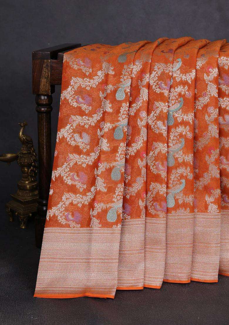 Art Chiffon Saree Orange With Allover Thread Zari Peacock Weaves And Zari Woven Border With Traditional Woven Design For Women - Indya
