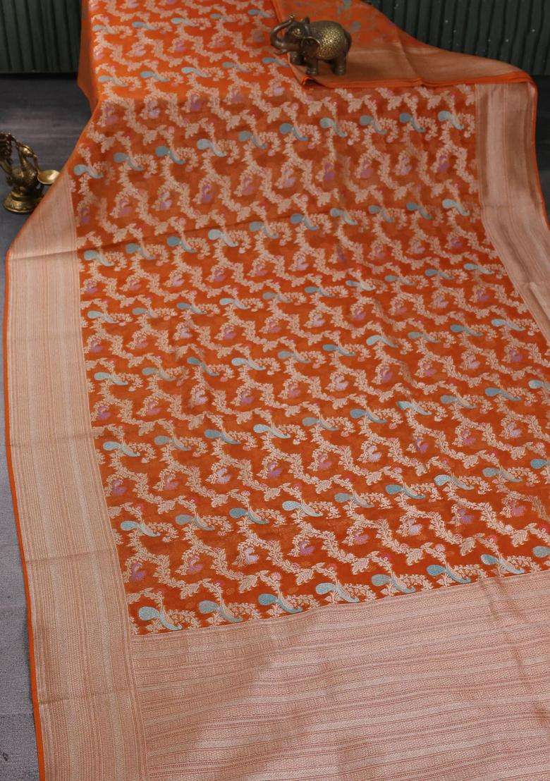 Art Chiffon Saree Orange With Allover Thread Zari Peacock Weaves And Zari Woven Border With Traditional Woven Design For Women - Indya