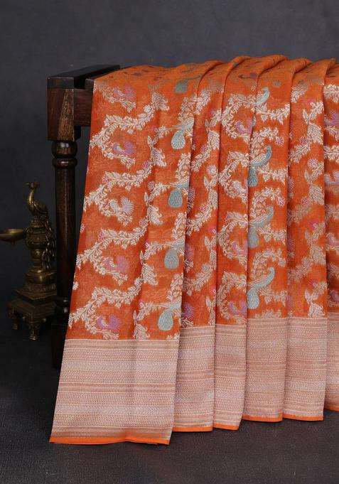 Art Chiffon Saree Orange With Allover Thread Zari Peacock Weaves And Zari Woven Border With Traditional Woven Design For Women