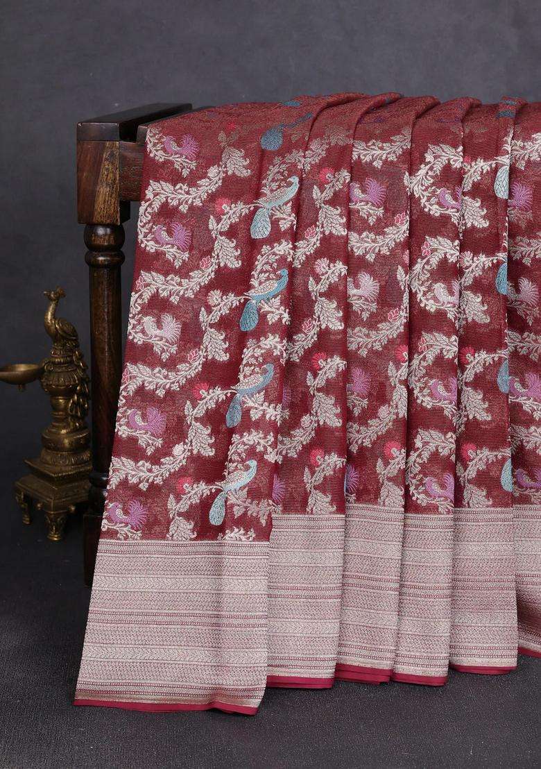 Art Chiffon Saree Maroon With Allover Thread Zari Peacock Weaves And Zari Woven Border With Traditional Woven Design For Women - Indya