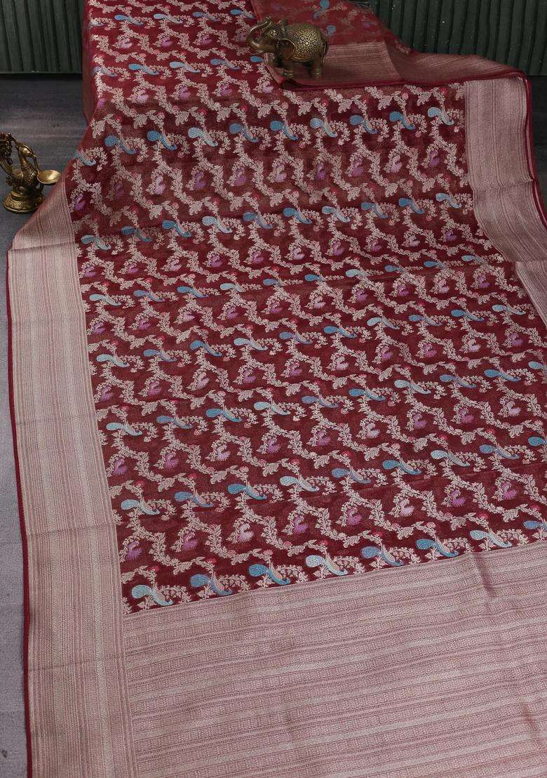 Art Chiffon Saree Maroon With Allover Thread Zari Peacock Weaves And Zari Woven Border With Traditional Woven Design For Women - Indya