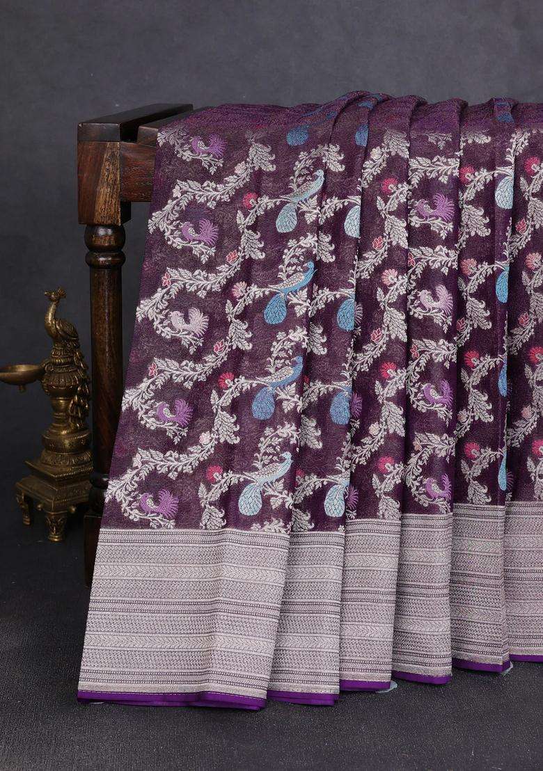 Art Chiffon Saree Deep Purple With Allover Thread Zari Peacock Weaves And Zari Woven Border With Traditional Woven Design For Women - Indya