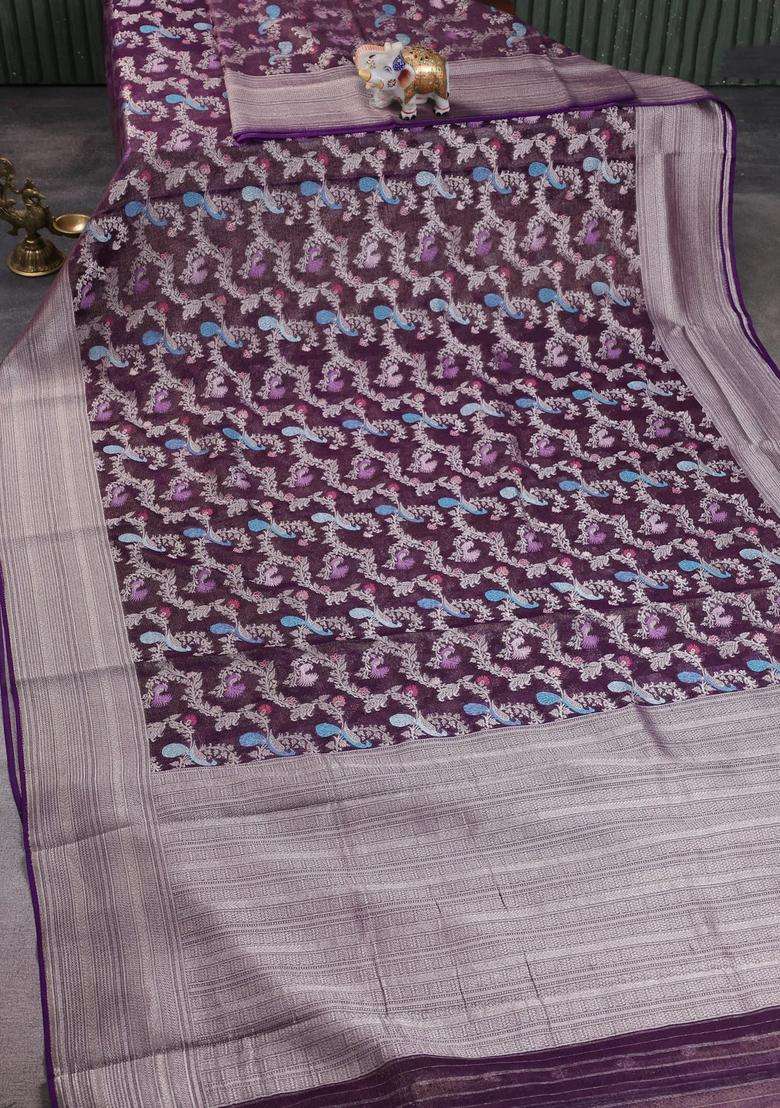 Art Chiffon Saree Deep Purple With Allover Thread Zari Peacock Weaves And Zari Woven Border With Traditional Woven Design For Women - Indya