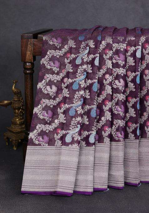 Art Chiffon Saree Deep Purple With Allover Thread Zari Peacock Weaves And Zari Woven Border With Traditional Woven Design For Women