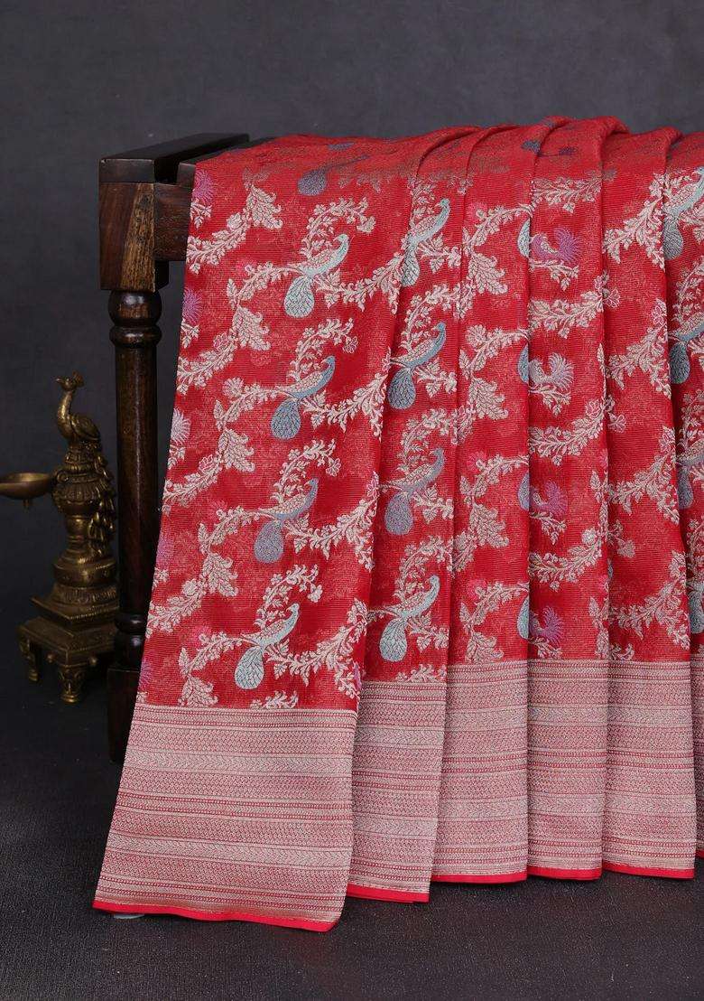 Art Chiffon Saree Red With Allover Thread Zari Peacock Weaves And Zari Woven Border With Traditional Woven Design For Women - Indya