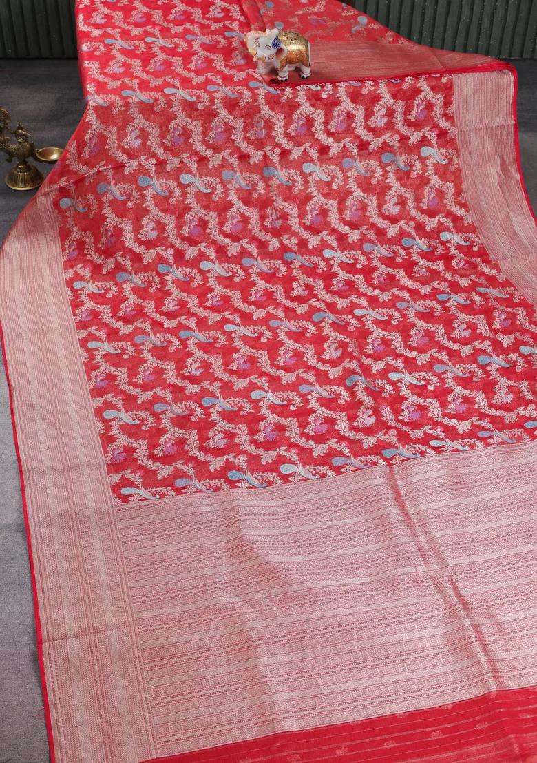 Art Chiffon Saree Red With Allover Thread Zari Peacock Weaves And Zari Woven Border With Traditional Woven Design For Women - Indya