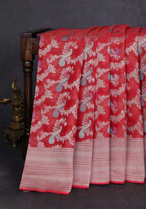 Art Chiffon Saree Red With Allover Thread Zari Peacock Weaves And Zari Woven Border With Traditional Woven Design For Women