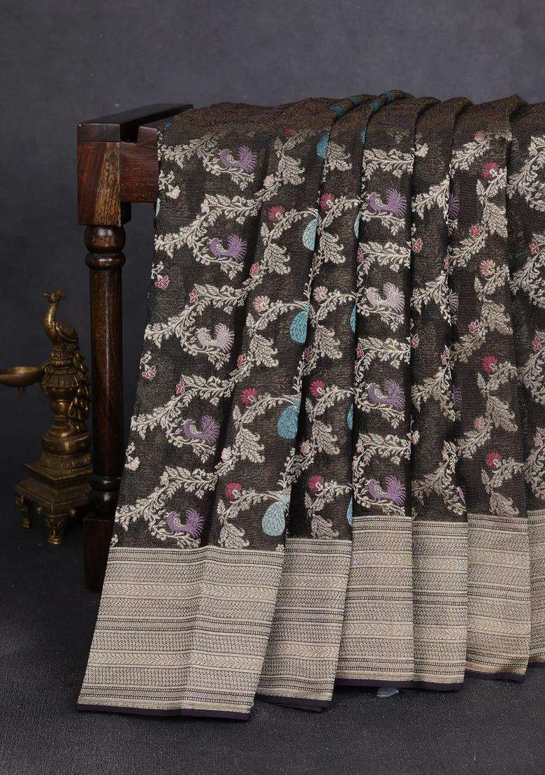 Art Chiffon Saree Black With Allover Thread Zari Peacock Weaves And Zari Woven Border With Traditional Woven Design For Women - Indya