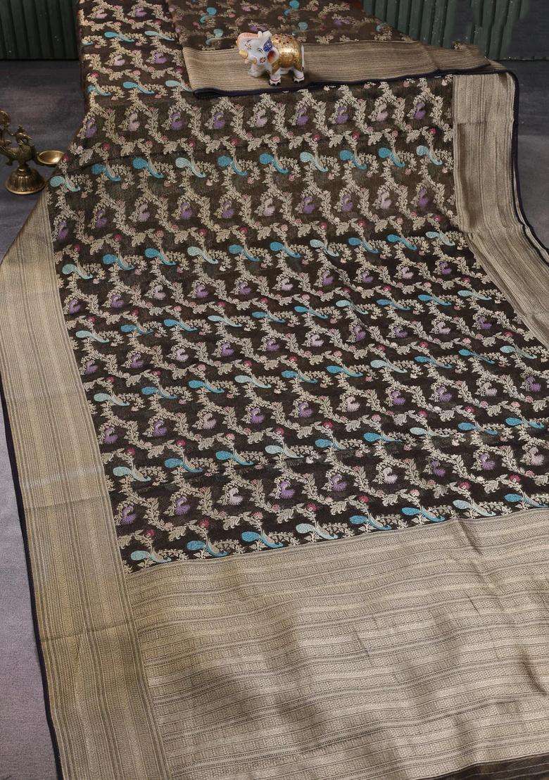 Art Chiffon Saree Black With Allover Thread Zari Peacock Weaves And Zari Woven Border With Traditional Woven Design For Women - Indya