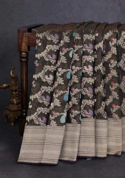 Art Chiffon Saree Black With Allover Thread Zari Peacock Weaves And Zari Woven Border With Traditional Woven Design For Women