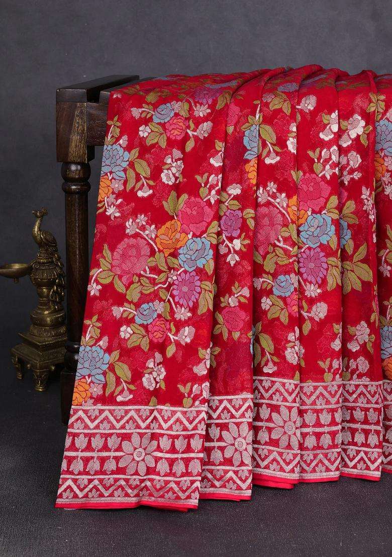 Art Chiffon Saree Red With Allover Thread Zari Floral Weaves And Zari Woven Border With Traditional Woven Design For Women - Indya